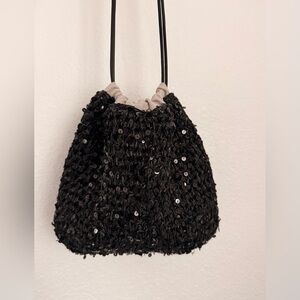 BAYFLOW Black Sequin Drawstring Shoulder Bag | Linen Cotton | Chic